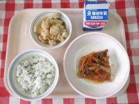 わかめごはん・牛乳・魚の野菜あんかけ・高野の煮物