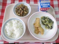 ごはん・牛乳・いかのサラサ揚げ・五目きんぴら・キャベツのごまあえ