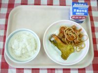 ごはん・牛乳・鮭のマヨネーズ焼き・スパゲティ