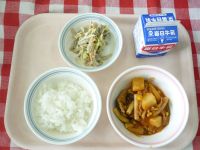 ごはん・牛乳・豚肉のケチャップ煮・ごぼうサラダ
