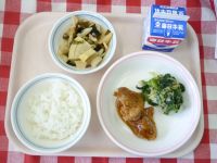 ごはん・牛乳・鶏肉の梅肉焼き・ツナ和え・若竹煮