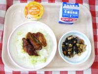 ソースカツ丼・牛乳・だいずのいそに・オレンジゼリー