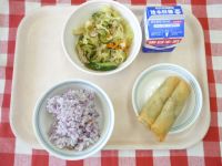 ゆかりごはん・牛乳・はるまき・やきにくサラダ