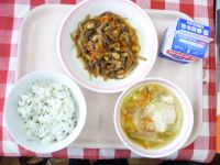 わかめごはん・牛乳・ごもくきんぴら・とりにくだんごスープ