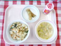 さんしょくごはん・ジョア・ちくわのいそべあげ・みそしる