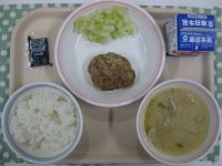 ごはん、とうふハンバーグ、ゆでキャベツ、豚汁