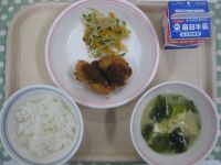 ご飯、ささみのフライ、ナムル、とうふのみそ汁
