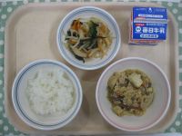 ご飯、炒り豆腐、平天のサラダ