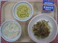 ご飯、五目きんぴら、中華風スパゲティサラダ