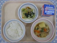 ご飯、肉じゃが、ほうれん草とツナのサラダ