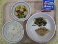 ご飯、しいらフライ、野菜のおかか和え、高野豆腐の煮物