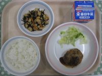 ご飯、豆腐ハンバーグ、ゆでキャベツ、大豆の磯煮