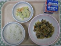 ご飯、春雨とひき肉の甘辛炒め、ポテトサラダ