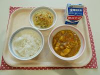 ごはん、豆腐のカレー煮、中華春雨サラダ